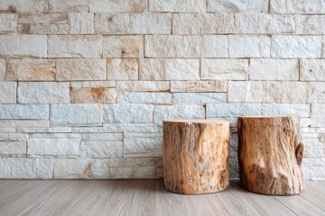 Wooden stumps floor with stone wall