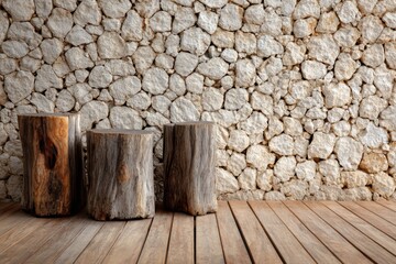 Wooden stumps floor with stone wall