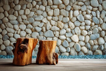 Wooden stumps floor with stone wall