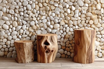 Wooden stumps floor with stone wall
