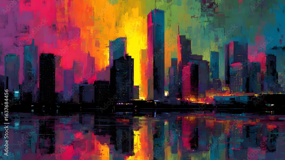 Poster striking cityscape with a vibrant abstract reflection of the urban skyline on the calm surface of a 
