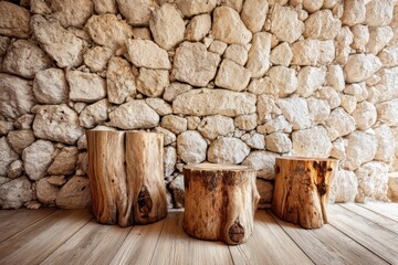 Wooden stumps floor with stone wall