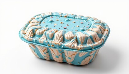 a high resolution, ultra sharp isolated object of a food container featuring lobster shell armor design elements, placed on a pure white background with no shadow or minimal soft shadow