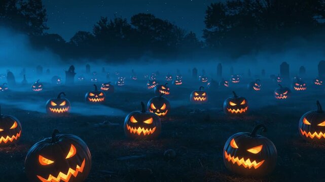 A Spooky Halloween Night: Glowing Jack-o'-Lanterns Illuminate the Graveyard in an Enchanting, Eerie Atmosphere Complete with Fog and Imposing Tombstones