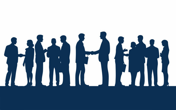 Diverse group of business professionals in a dark blue silhouette style engaged in conversation and handshakes against a clean white background representing collaboration and partnership silhouette