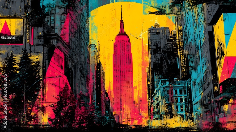 Poster vibrant and dynamic cityscape featuring a mix of modern skyscrapers iconic landmarks and a striking 