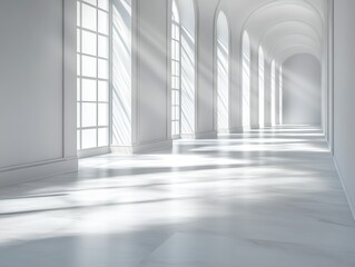 Obraz premium Bright White Arched Hallway with Sunlight Streaming Through Windows, Minimalist Interior Space, Clean Architectural Design, Spacious Corridor for Modern Backgrounds