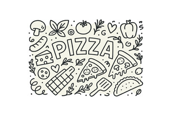 Cute doodle style illustration with large central word Pizza