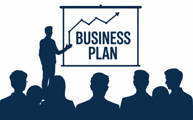 A presenter in silhouette stands before an audience in silhouette pointing to a projection screen displaying a business plan and an upward trending graph silhouette