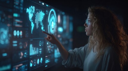 Focused young woman analyzes digital data on a futuristic display in a dark room during evening hours