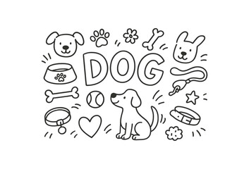 Cute doodle style illustration with large central word Dog