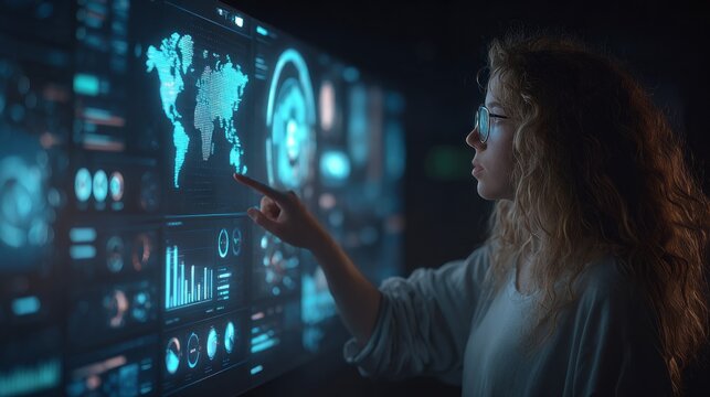 Focused young woman analyzes digital data on a futuristic display in a dark room during evening hours