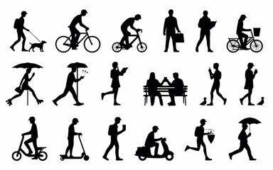 Collection of diverse human silhouettes engaged in various daily activities including walking a dog cycling using phones and riding scooters showcasing urban lifestyle silhouette