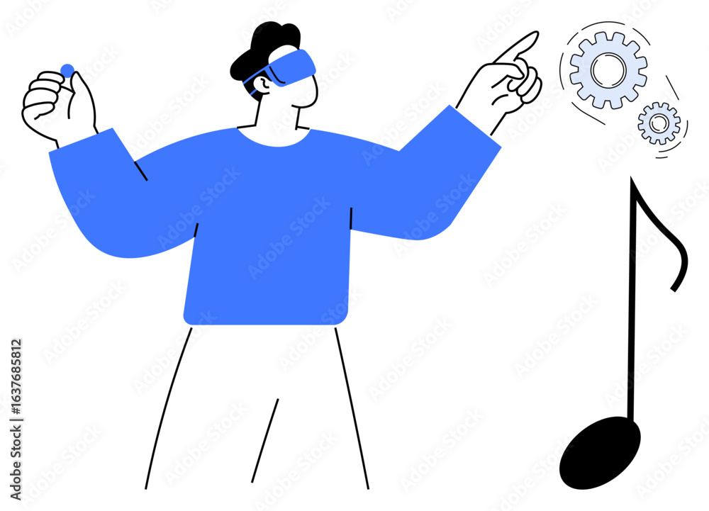 Poster person wearing vr headset holding a small object while pointing at gears and a music note. ideal for