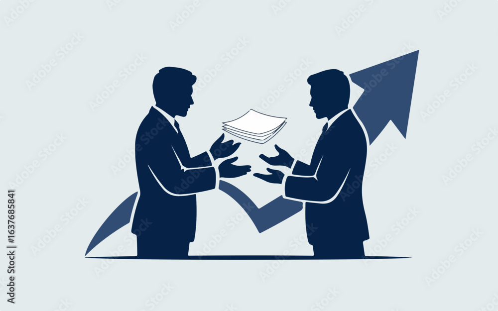 Poster two businessmen in formal suits exchanging documents with a rising graph and arrow symbolizing busin
