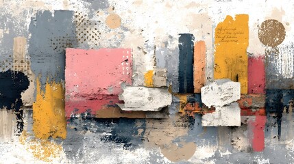 Vibrant layered abstract composition featuring a dynamic mix of colors textures and geometric shapes inspired by the urban environment