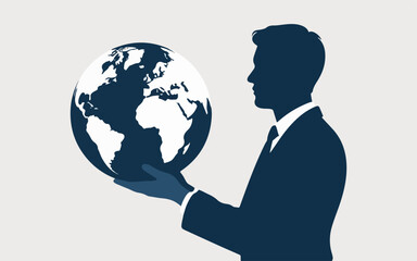 A businessman in a dark blue suit and tie holds the earth in his hands representing global business and international connections silhouette