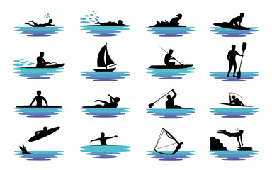 Collection of diverse water sports and activities depicted as black silhouettes against a blue water background including swimming surfing kayaking sailing and windsurfing silhouette