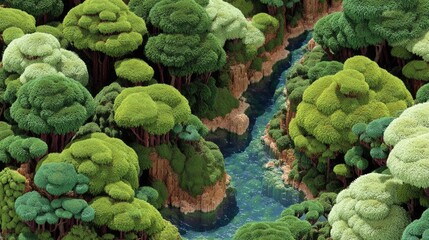 Aerial View of Lush Green Forest with Winding River