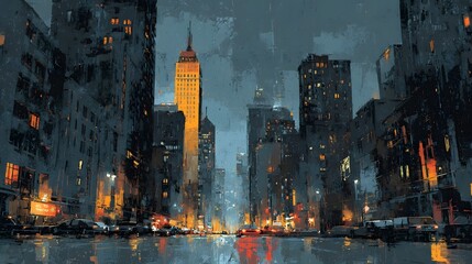 Vibrant nighttime cityscape featuring towering skyscrapers neon lights traffic and rainy weather in the heart of a metropolitan urban center