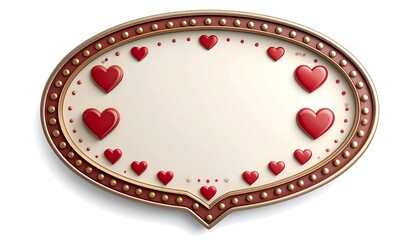 Oval speech bubble frame with red hearts and gold accents on a beige background
