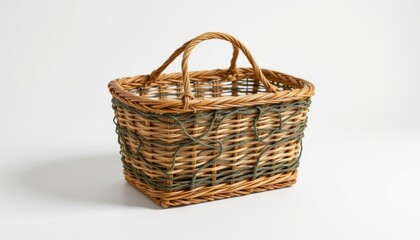 Obraz premium a high resolution, ultra sharp isolated object of a picnic basket featuring biodegradable fishing net fibers design elements, placed on a pure white background with no shadow or minimal soft shadow
