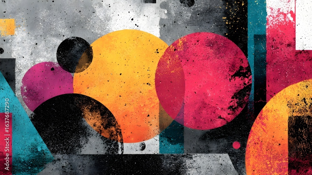 Poster vivid and dynamic abstract composition featuring a bold arrangement of overlapping geometric shapes 
