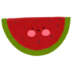 Hand drawn smiling watermelon isolated on white. Cute watermelon suitable for kids book, flashcard, nursery, design element, etc.