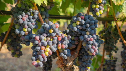 Close up of ripe purple grapes hanging on vine in vineyard