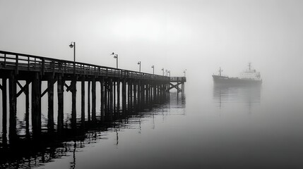 Fototapeta premium Wooden pier extends into a foggy harbor.