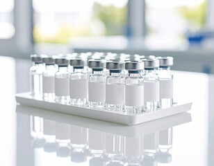 Multiple clear glass vials with blank labels on a white tray in a modern laboratory