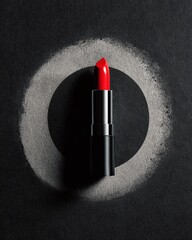 A vibrant red lipstick stands upright on a textured black surface, surrounded by a white circular chalk outline.