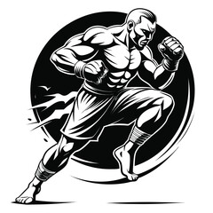 Dynamic Muay Thai Fighter Illustration Unleashing Power A Striking Black and White Depiction of Combat Sportsmanship and Athleticism in a Circular Frame