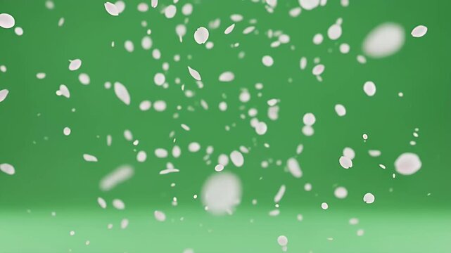 A shower of pink cherry blossom or sakura petals for chroma key on a green screen background