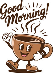 Cheerful retro cartoon coffee cup character walking happily with steam, good morning greeting, vintage style, happy beverage illustration.