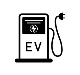EV charging station icon with plug and lightning bolt, minimalist black outline vector