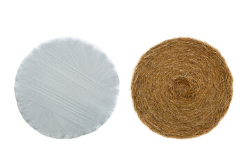 bale of straw, and bale of straw wrapped with white tape. technology of preserving hay for long-term storage. isolated on white background