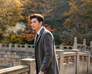 Man Enjoying Autumn Weather in a Scenic Park Setting