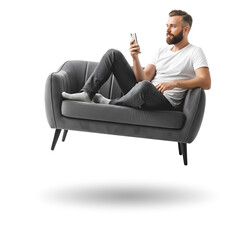 young man sitting on a sofa with phone