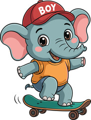 Cute cartoon baby elephant riding skateboard, wearing cap and t-shirt, playful animal character, kids sports illustration, fun and energetic