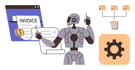 Robot analyzing invoices, documents, file folders, and gear for process automation. Ideal for AI, technology, finance, automation workflows innovation business. Simple flat metaphor