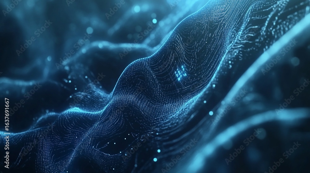 Poster dynamic blue and black abstract background with detail of interconnected flowing lines