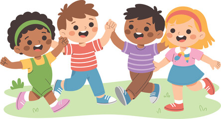 Diverse group of happy cartoon children holding hands and playing outdoors – joyful friendship and unity illustration for kids' projects.