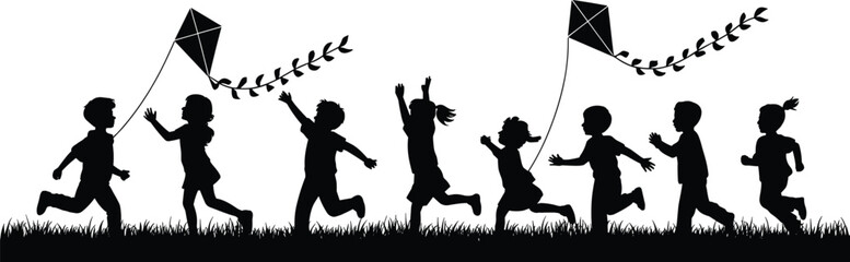 Children, silhouette, running, kite flying, grass, play, outdoor, fun, vector, black, carefree, nature