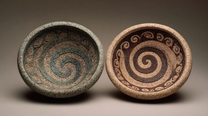 Two Stone Bowls with Spiral Patterns on Beige Surface