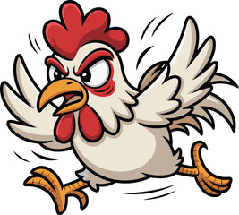 Funny cartoon angry chicken running fast in farm field, animated rooster character illustration, farm animal humor, action poultry art.