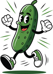 Funny cartoon cucumber character walking happily, retro vegetable mascot illustration, healthy food concept, cute green veggie, animated produce fun.