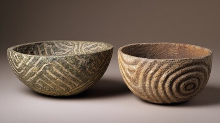 Two Stone Bowls with Spiral Patterns on Beige Surface