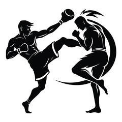 Dynamic Muay Thai Clash Silhouette of Fighters in Mid-Action Displaying Power and Skill in Traditional Martial Arts Combat