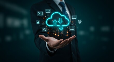 Businessman presenting cloud computing technology with data upload, download, and secure internet connection icons for digital storage solutions